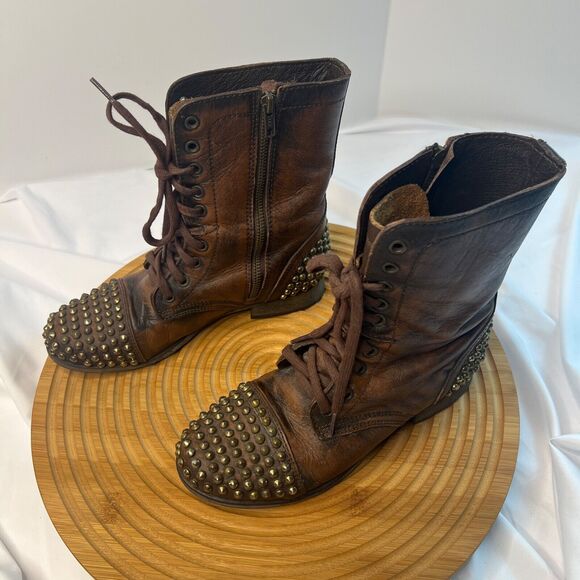 Steve Madden Leather Brown Gold Spike Studded Tarnney Combat Boots Size 7 M - Picture 8 of 10